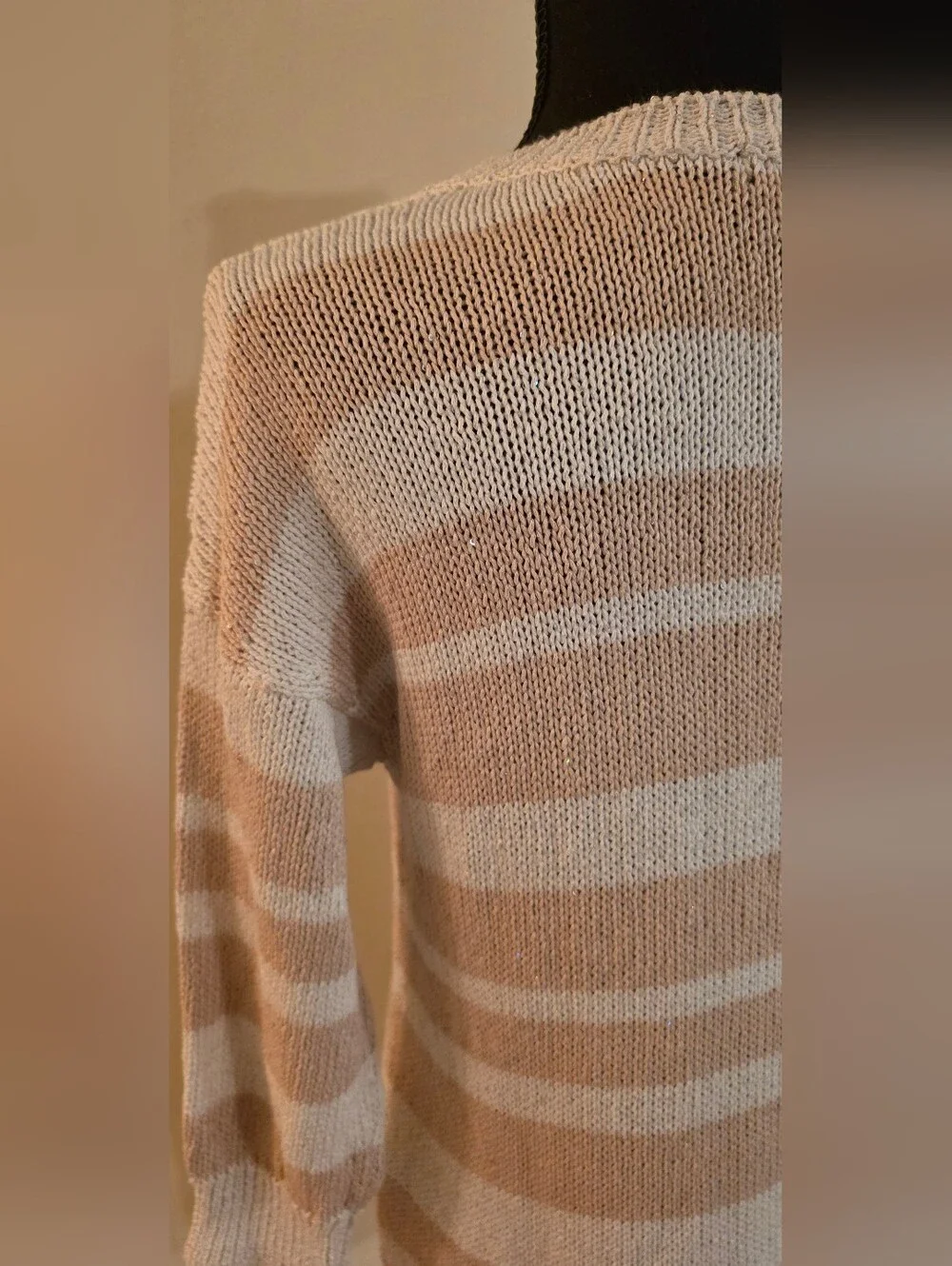 Saks Sparkley Ladies Striped Crewneck Sweater in Tan & White (Med) Viscose Blend